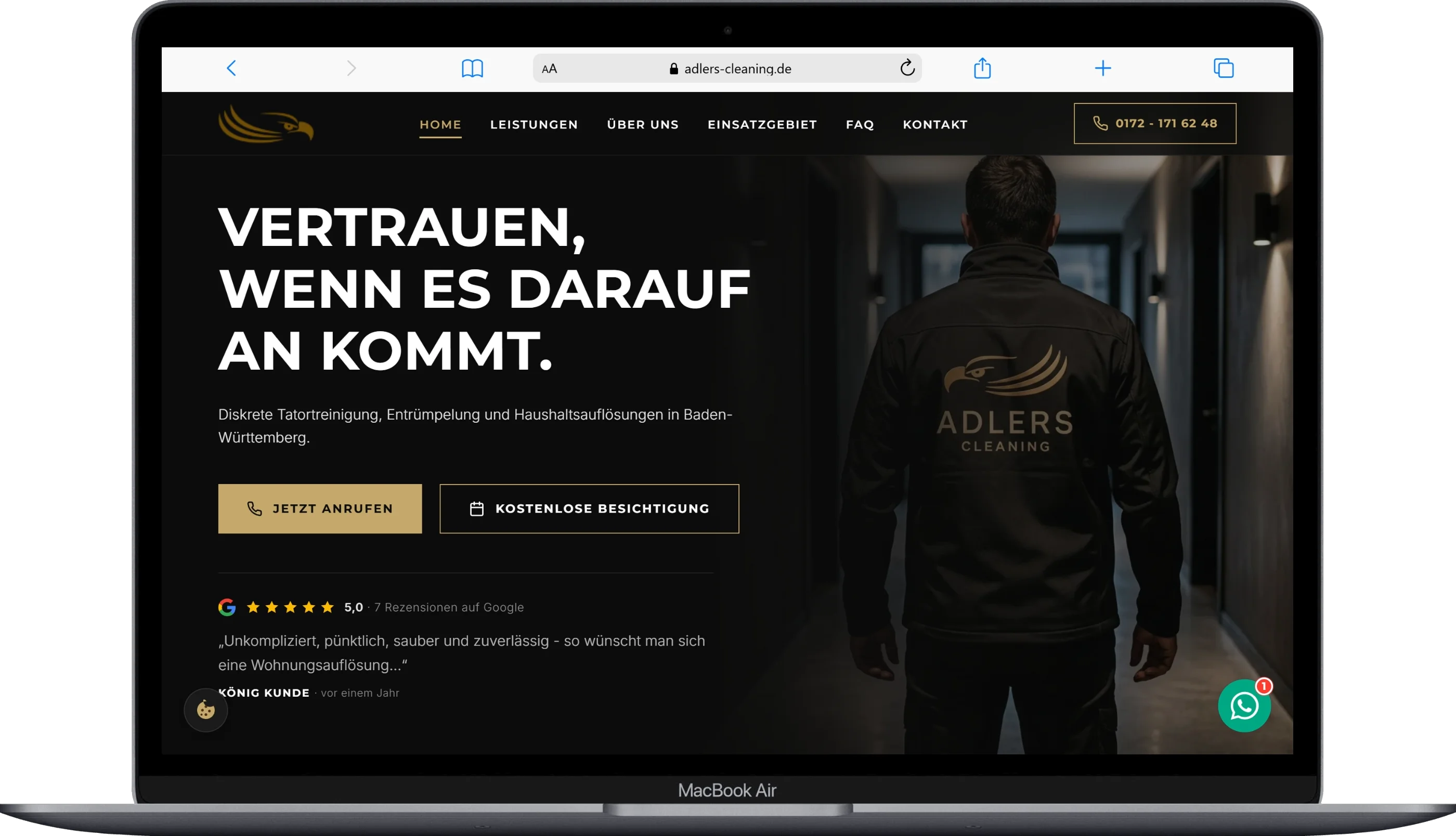 Startseite von adlers-cleaning.de auf einem MacBook